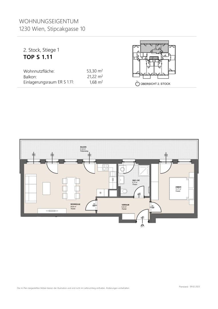 Modern 2-room apartment with balcony in first occupancy