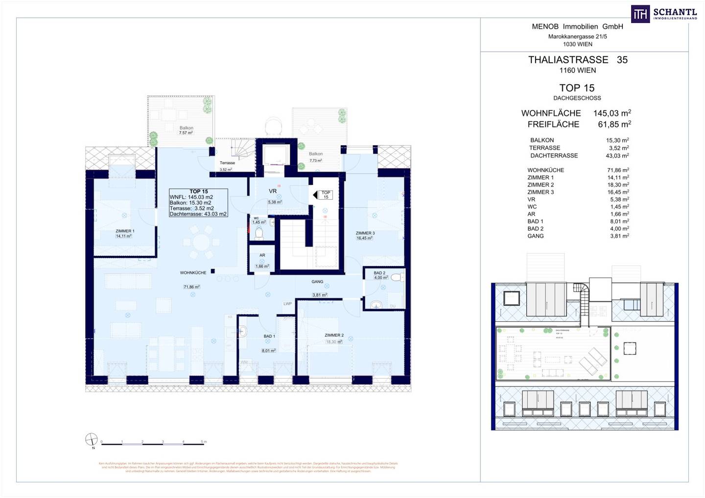 Dachgeschosswohnung mit Dachterrasse und zwei Balkone