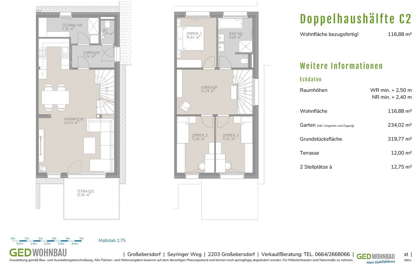 New build semi-detached house with garden and terrace in solid wood construction